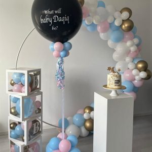 Balloon Styling Tilburg gender reveal party geslachtsbepaling baby op komst gepersonaliseerde topballon babydozen zuil cirkel ballonnen Tilburg.png